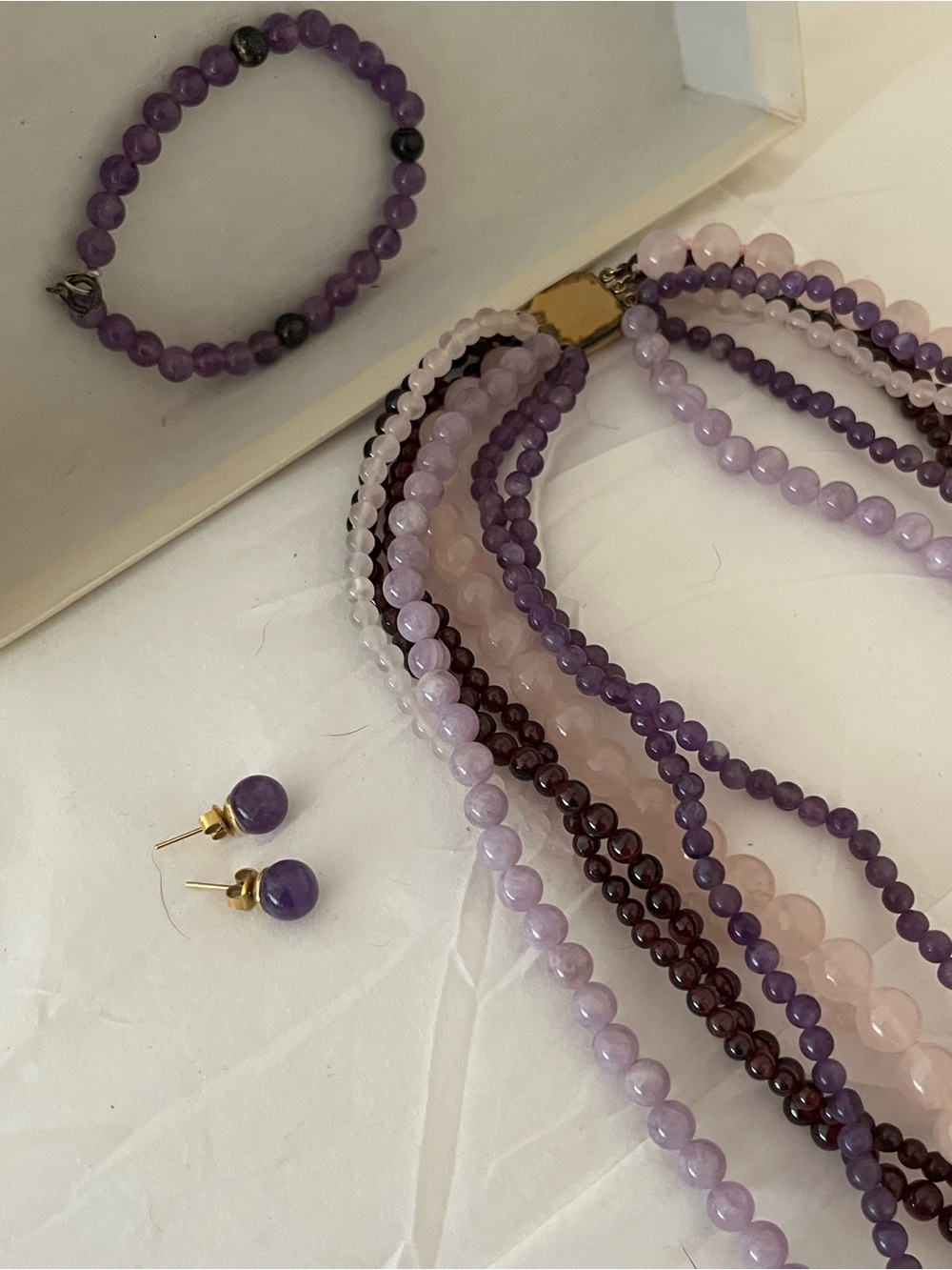 Amethyst and Rose Quartz Beaded Necklace & Earring Set - Purple